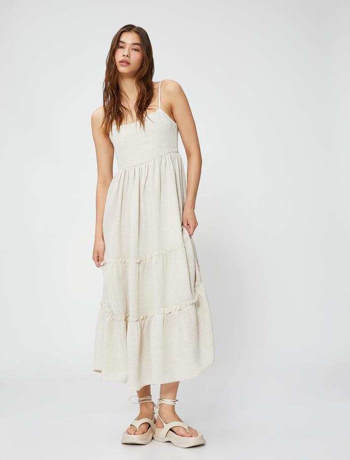  Uzun Elbise İnce Askılı Fırfırlı Keten Viskon Karışımlı