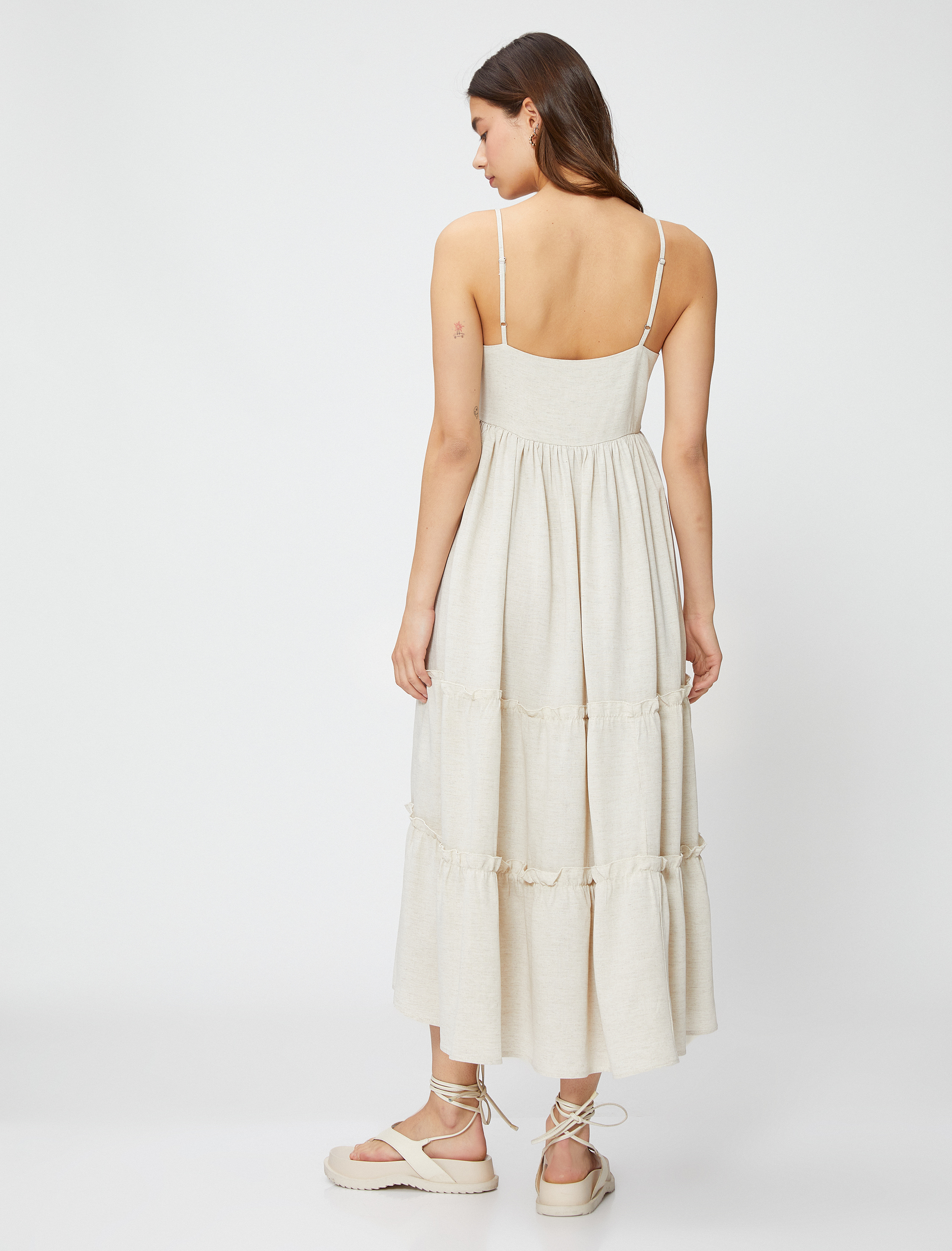   Uzun Elbise İnce Askılı Fırfırlı Keten Viskon Karışımlı