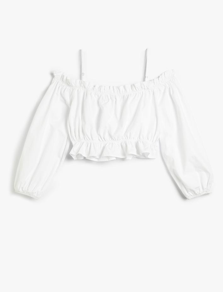  Madonna Yaka Bluz Crop Omzu Açık İnce Askılı Fırfırlı Büzgülü Pamuklu