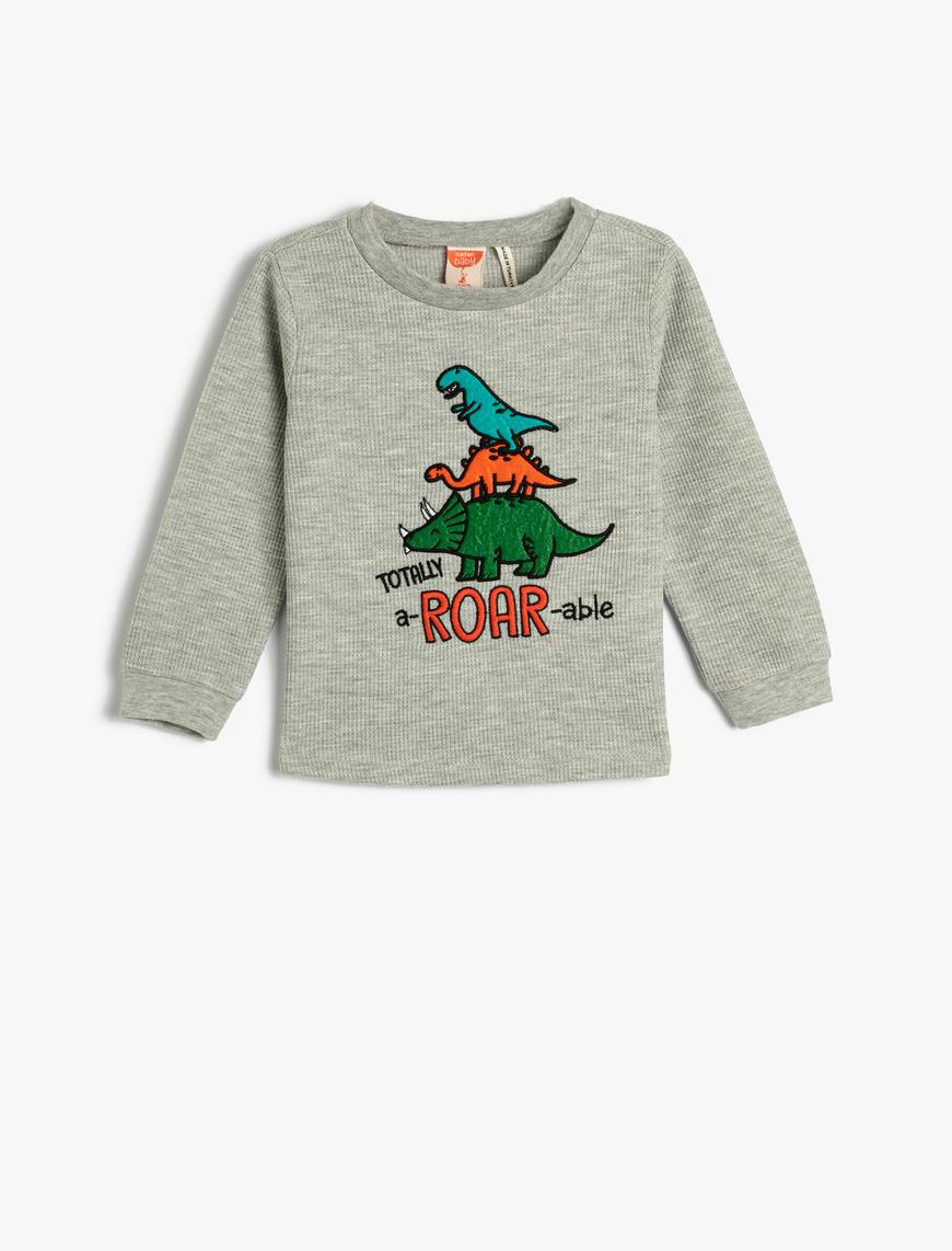  Erkek Bebek Dinozorlu Tişört Uzun Kollu Bisiklet Yaka Dokulu