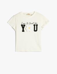 Tişört Kısa Kollu Bisiklet Yaka Kroşe Çiçek Aplike Detaylı Pamuklu