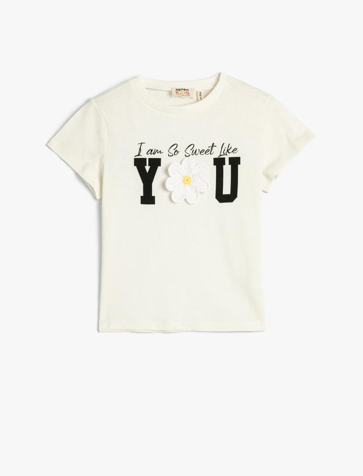 Kız Çocuk Tişört Kısa Kollu Bisiklet Yaka Kroşe Çiçek Aplike Detaylı Pamuklu