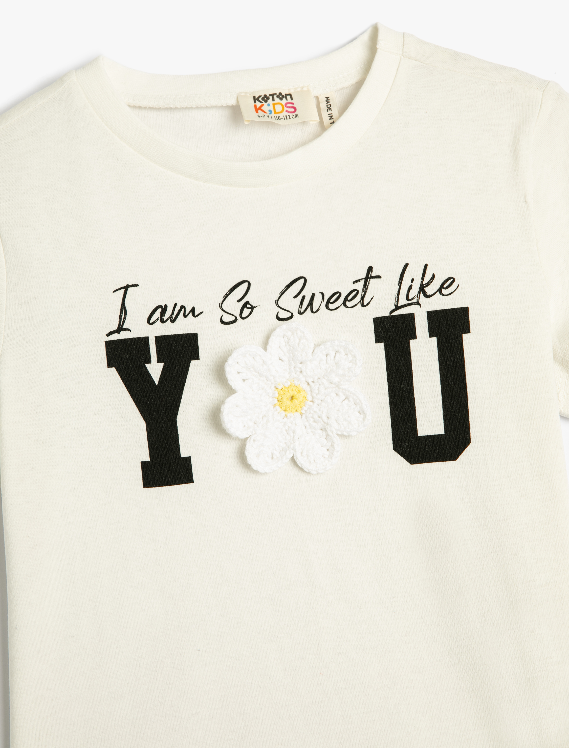  Kız Çocuk Tişört Kısa Kollu Bisiklet Yaka Kroşe Çiçek Aplike Detaylı Pamuklu