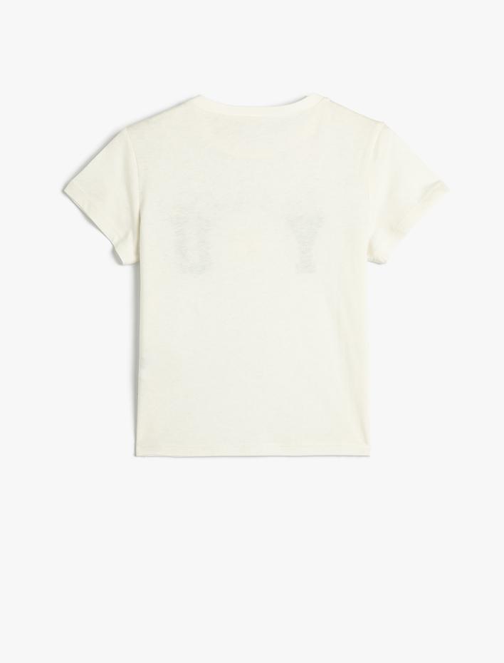 Kız Çocuk Tişört Kısa Kollu Bisiklet Yaka Kroşe Çiçek Aplike Detaylı Pamuklu