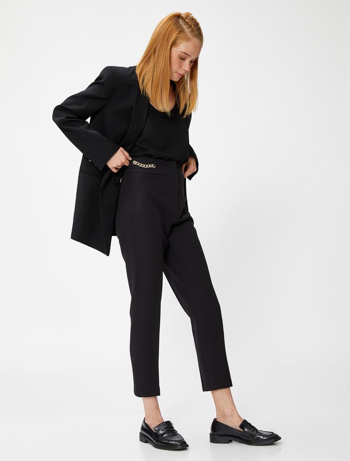  Yüksek Bel Kumaş Pantolon Zincir Detaylı