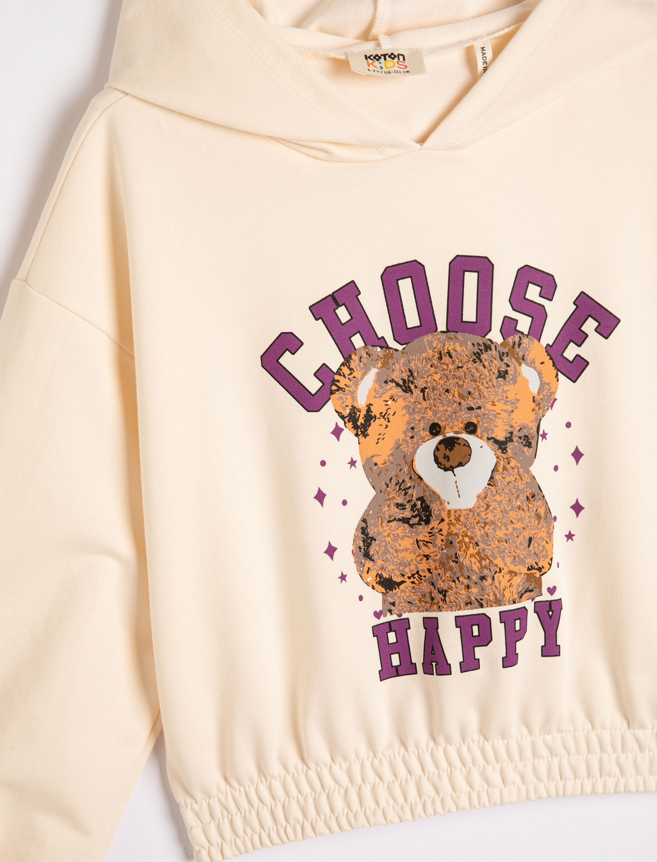  Kız Çocuk Kapşonlu Sweatshirt Ayıcık Baskılı Beli ve Manşetleri Lastikli Uzun Kollu