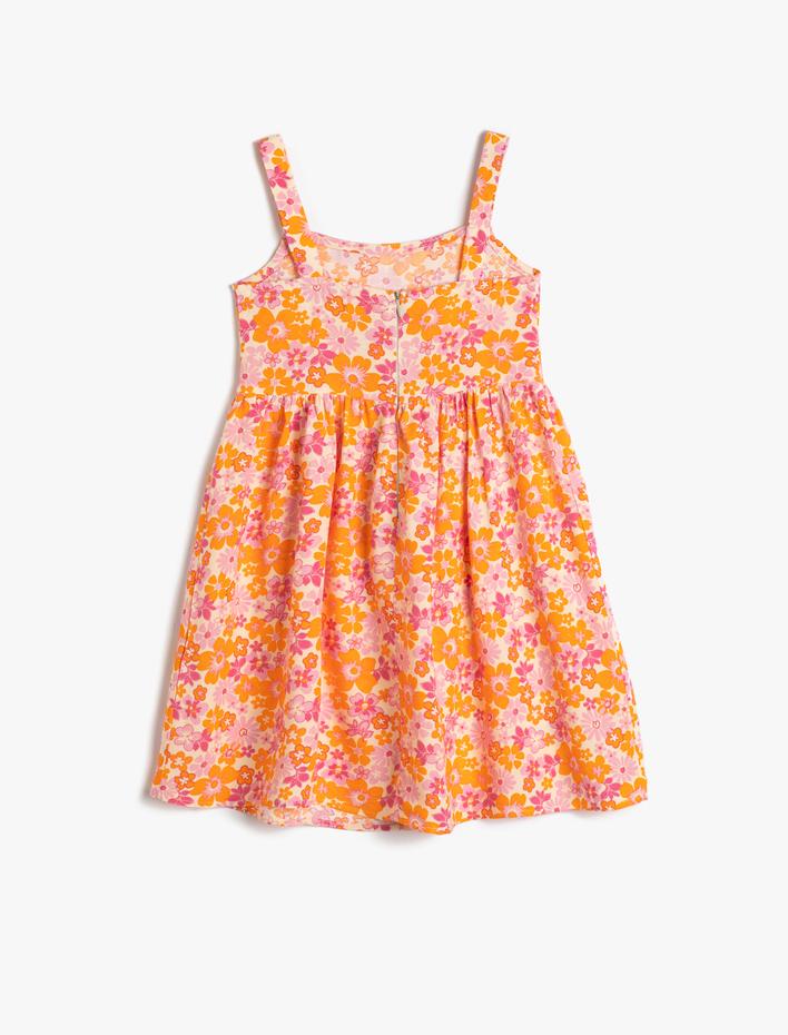Kız Çocuk Çiçekli Elbise Askılı Arkası Fermuarlı Viskon Kumaş