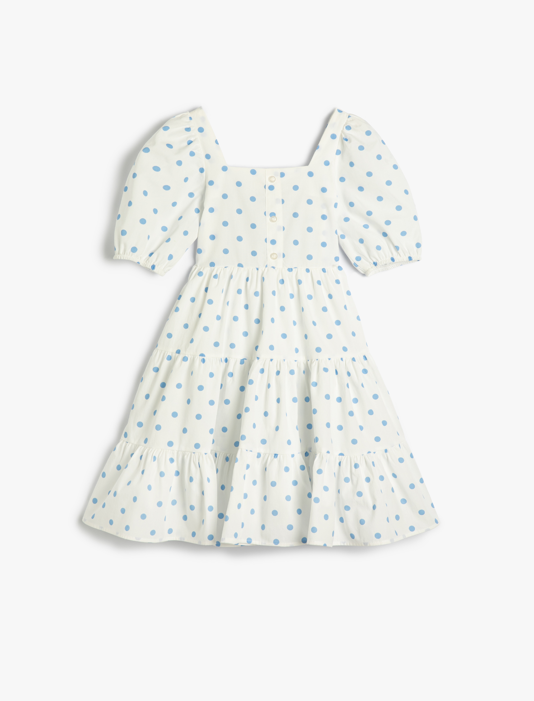 Kız Çocuk Elbise Midi Puantiyeli Balon Kollu U Yaka Astarlı Pamuklu