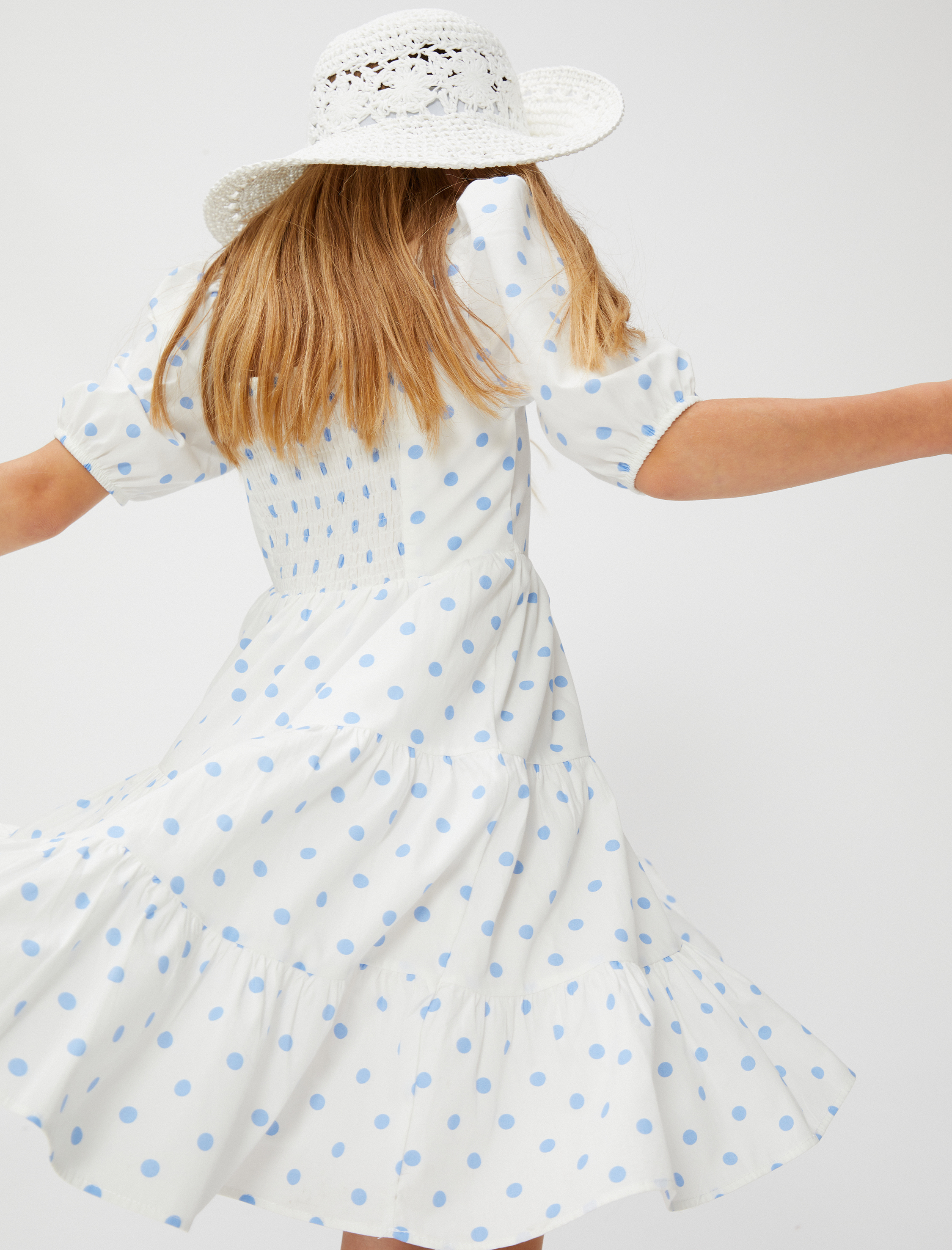 Kız Çocuk Elbise Midi Puantiyeli Balon Kollu U Yaka Astarlı Pamuklu