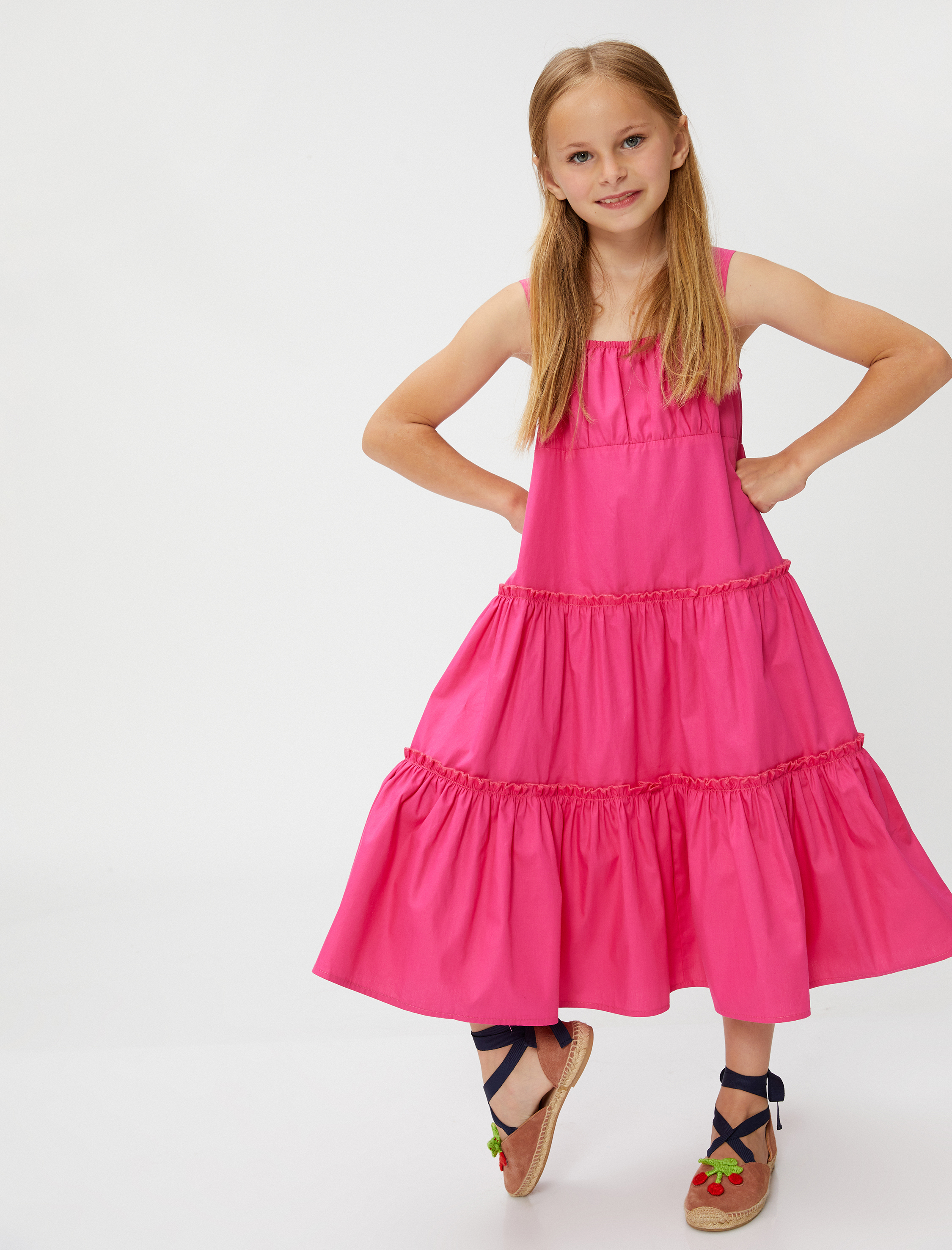  Kız Çocuk Elbise Midi Boy Askılı Katlı Pamuklu