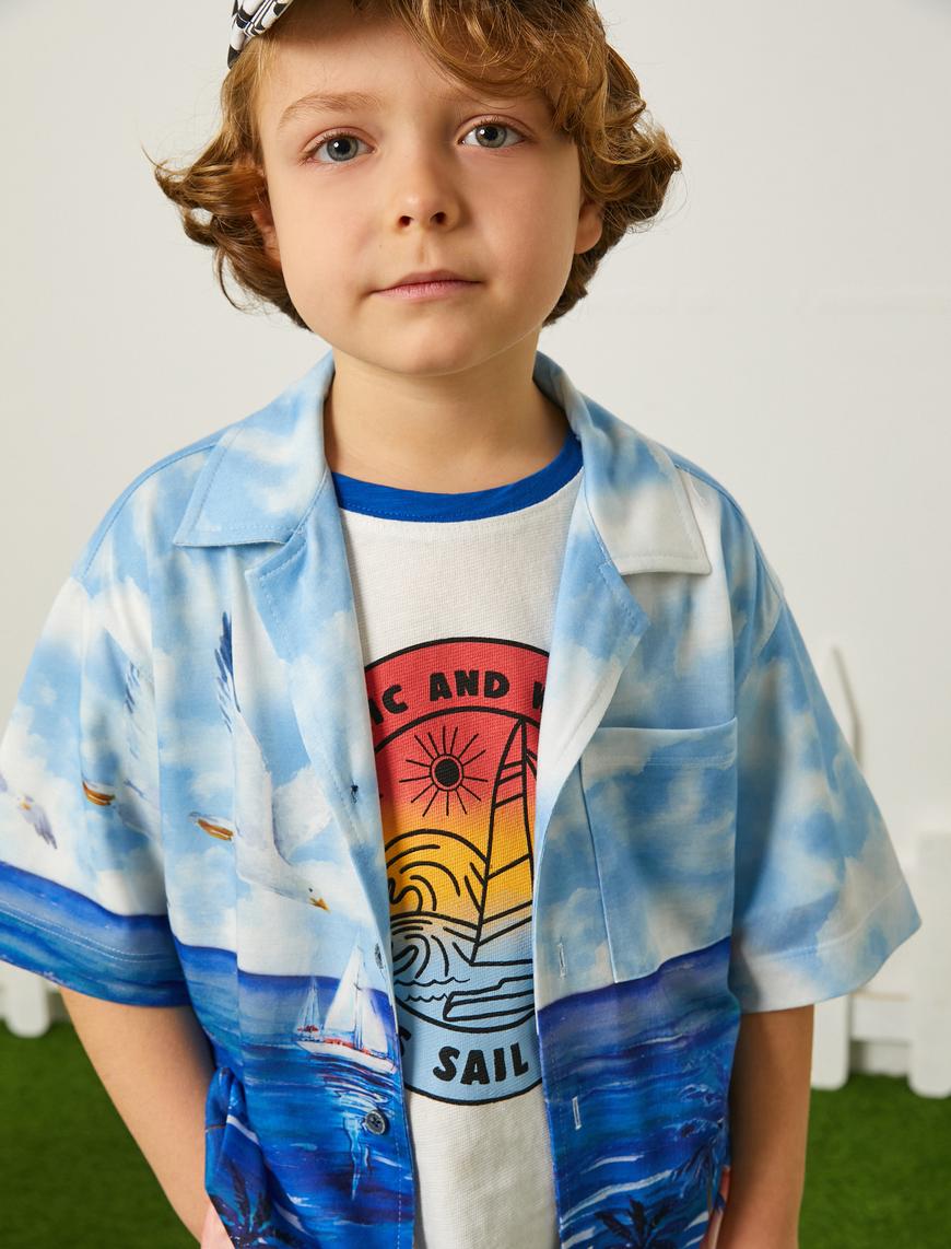  Erkek Çocuk Gömlek Kısa Kollu Cepli Yaz Temalı Baskılı