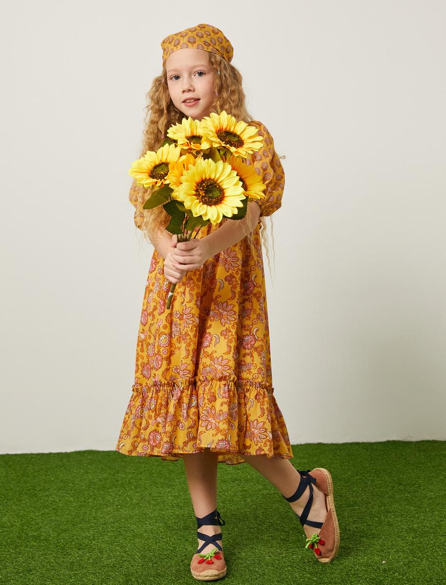  Kız Çocuk Elbise Çiçekli Balon Kollu Pamuklu Kare Yaka Astarlı