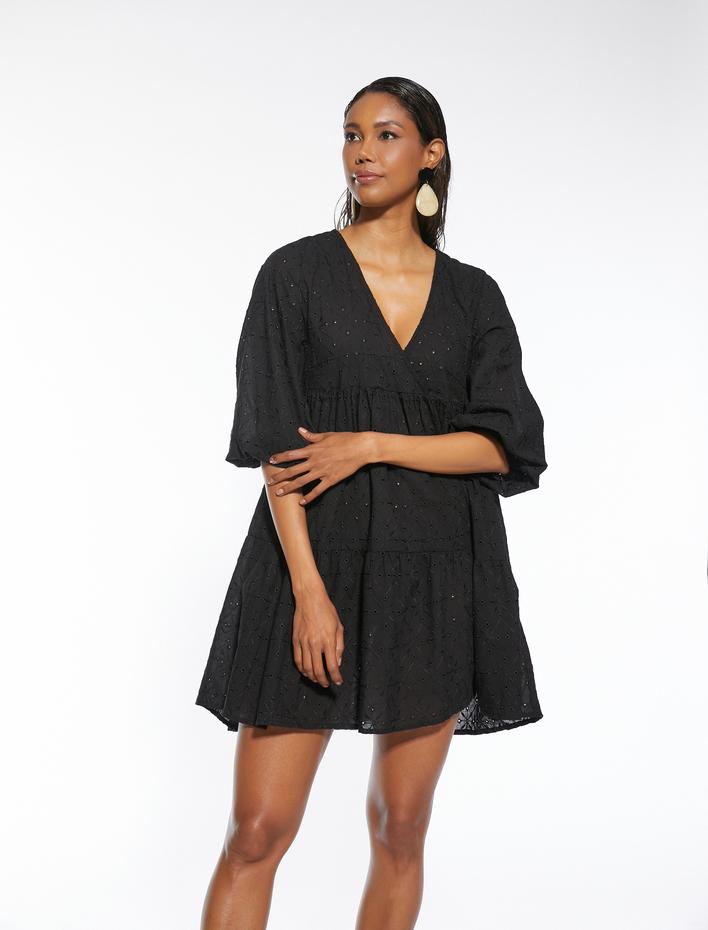  Mini Plaj Elbisesi Fisto Balon Kolu V Yaka