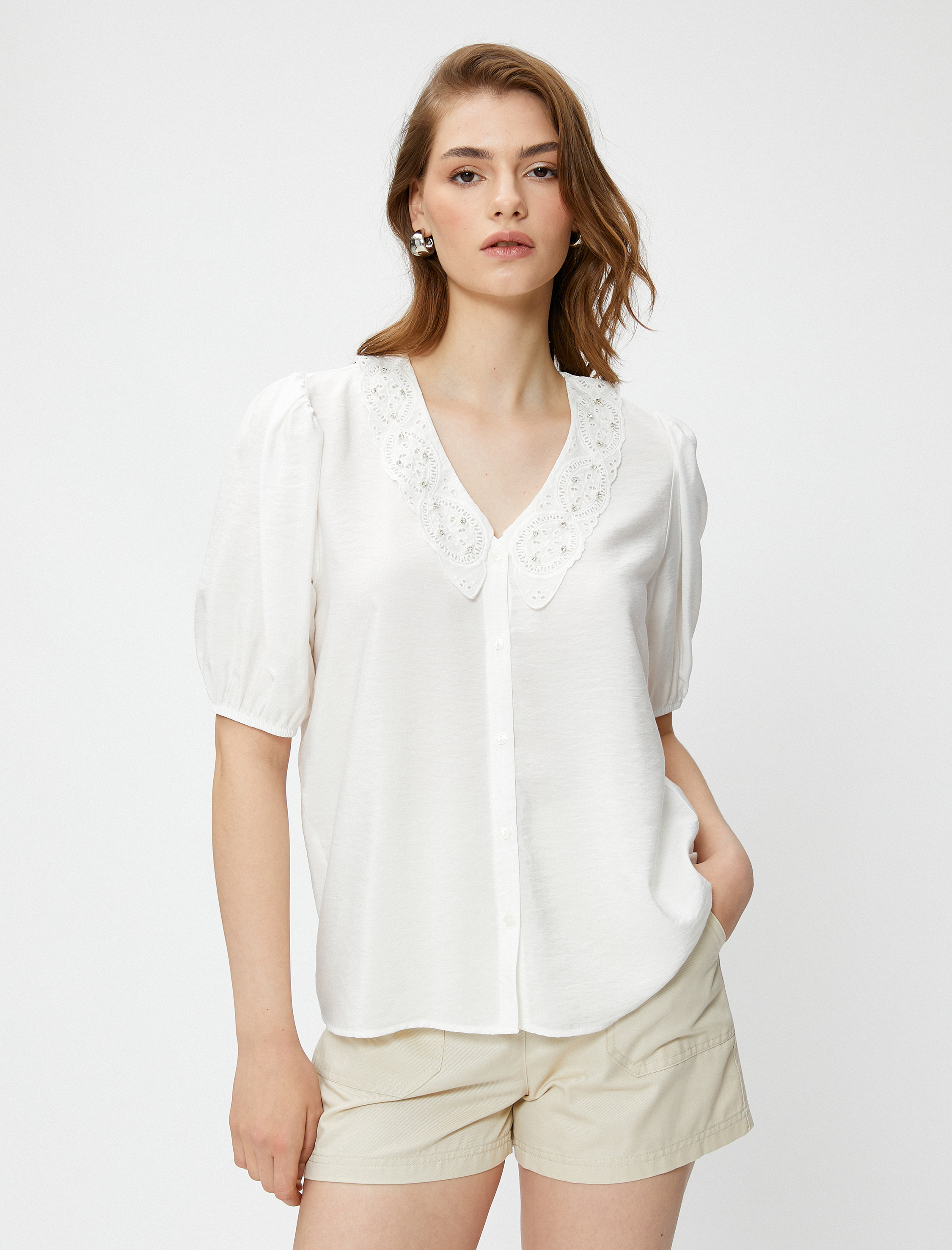   Taşlı Gömlek Fisto Yaka Balon Kol