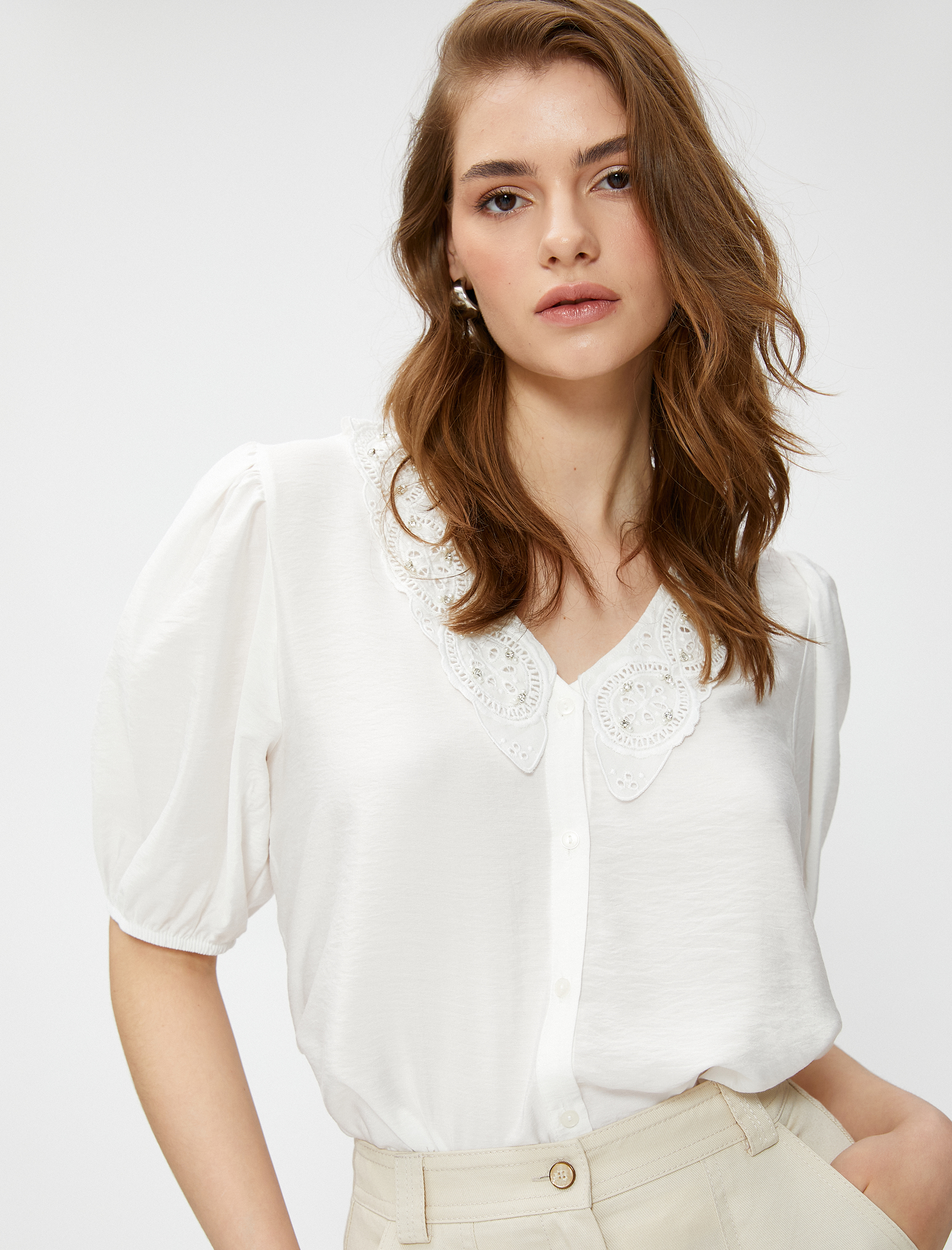   Taşlı Gömlek Fisto Yaka Balon Kol