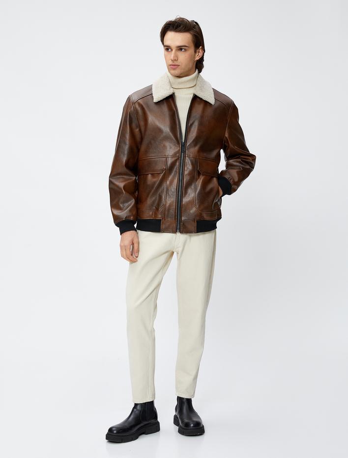  Deri Görünümlü Ceket Peluş Yaka Detaylı Cepli Fermuarlı