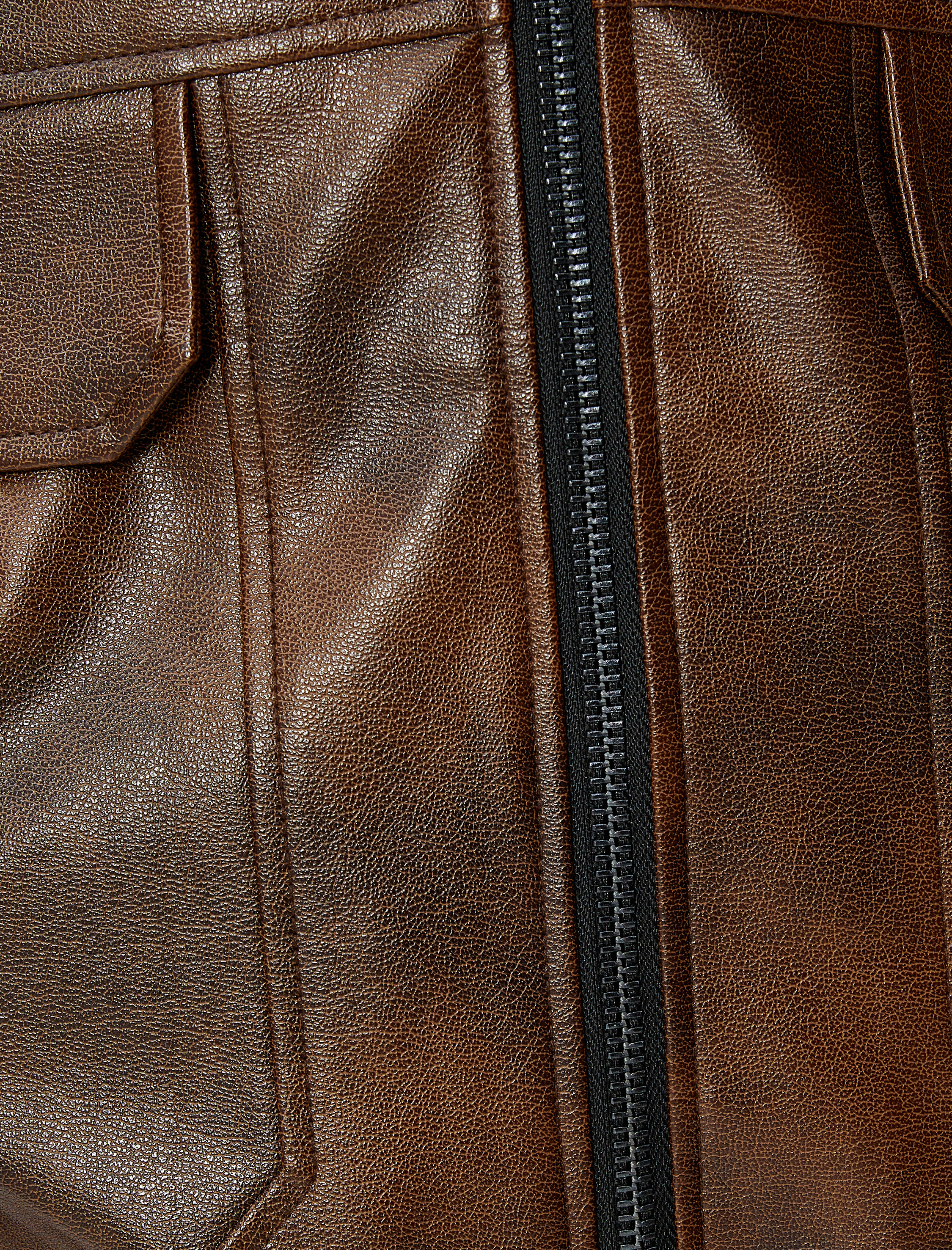   Deri Görünümlü Ceket Peluş Yaka Detaylı Cepli Fermuarlı