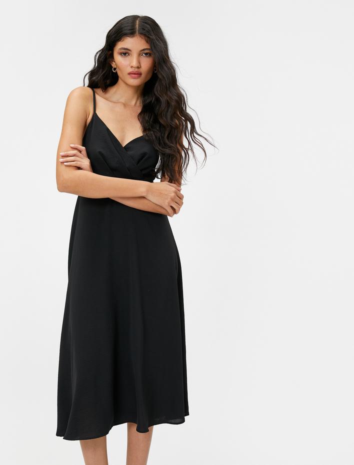  Midi Boy Elbise Askılı V Yaka Drapeli