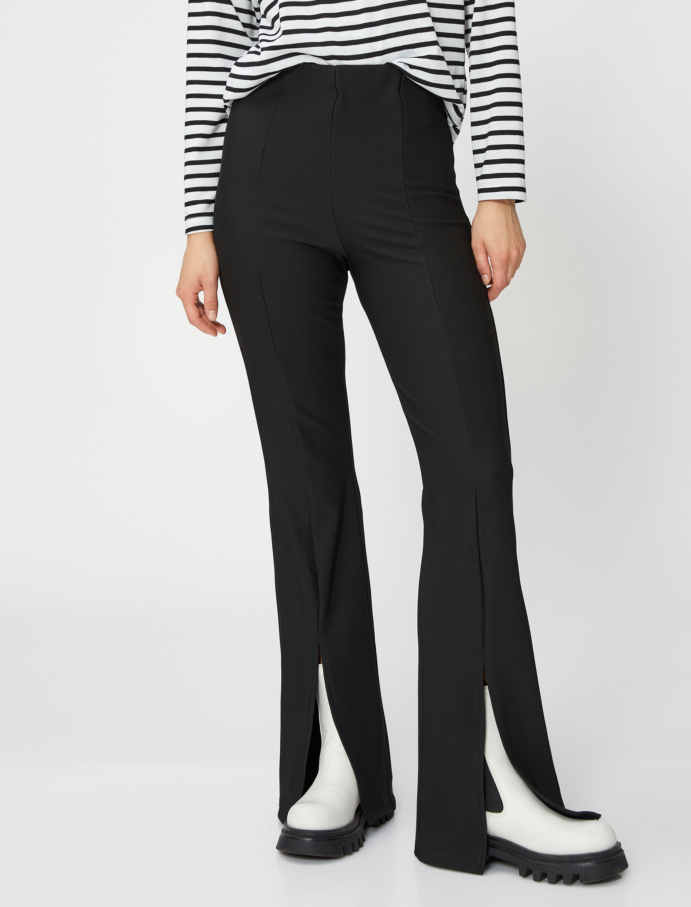   İspanyol Paça Tayt Pantolon Fitilli Yırtmaç Detaylı Normal Bel