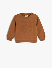 Sweatshirt Bisiklet Yaka Uzun Kollu Kaplan Kabartma Baskılı