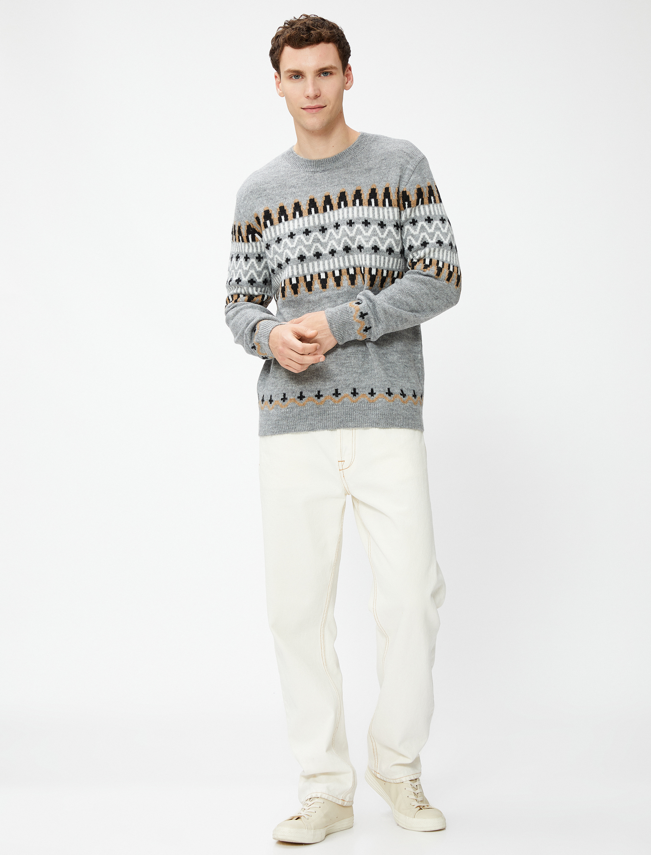   Etnik Desenli Triko Kazak Bisiklet Yaka Uzun Kollu