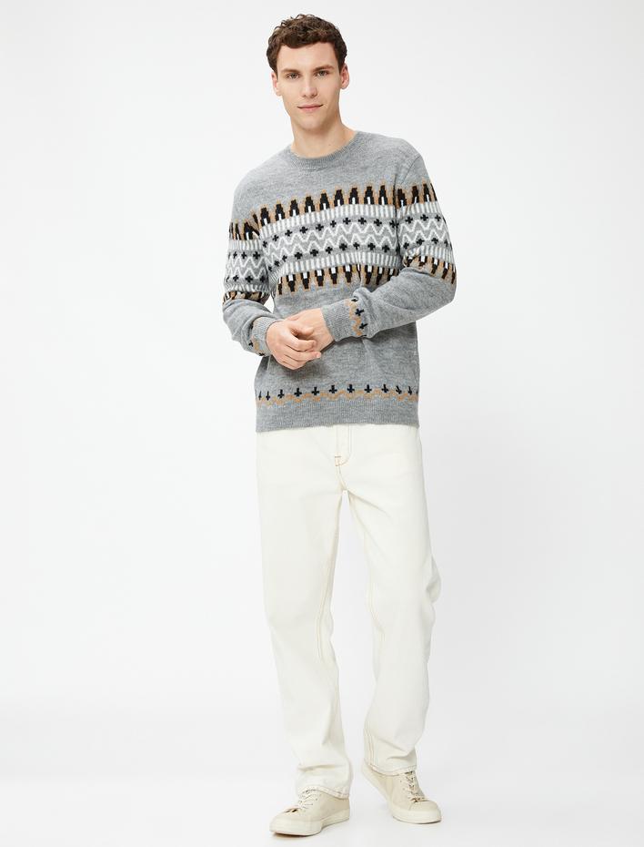  Etnik Desenli Triko Kazak Bisiklet Yaka Uzun Kollu