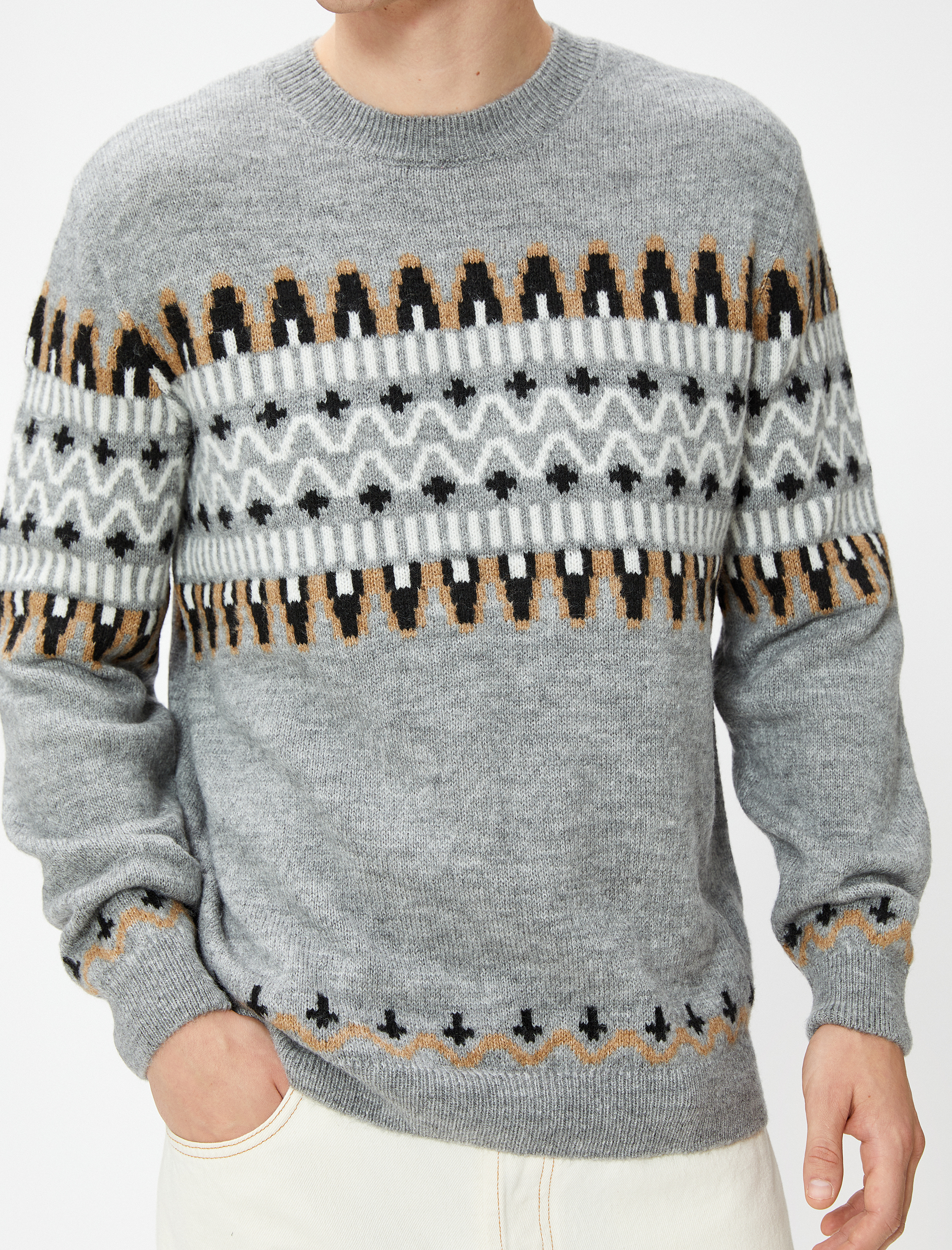   Etnik Desenli Triko Kazak Bisiklet Yaka Uzun Kollu