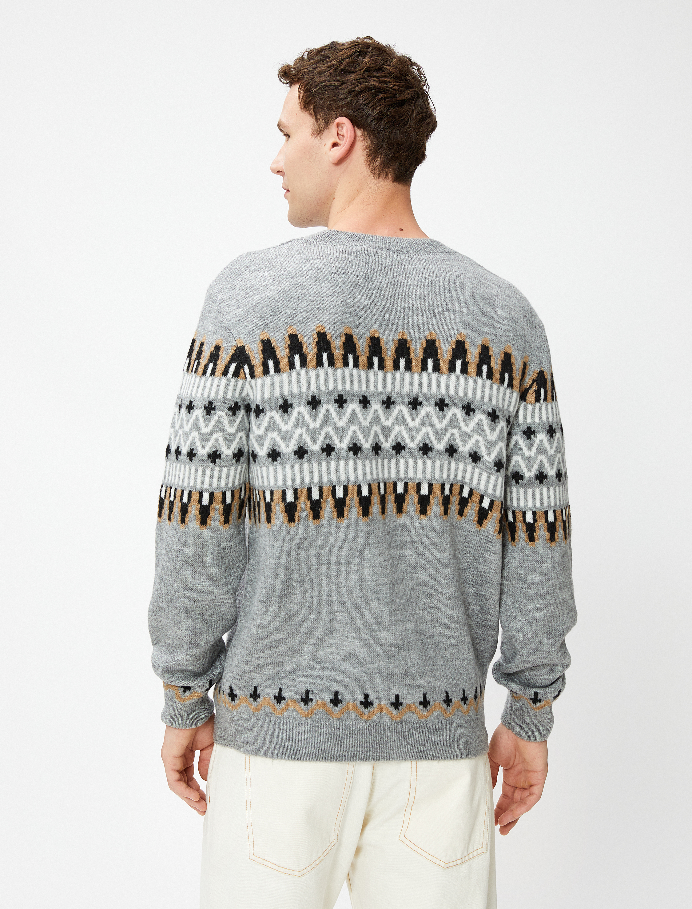   Etnik Desenli Triko Kazak Bisiklet Yaka Uzun Kollu