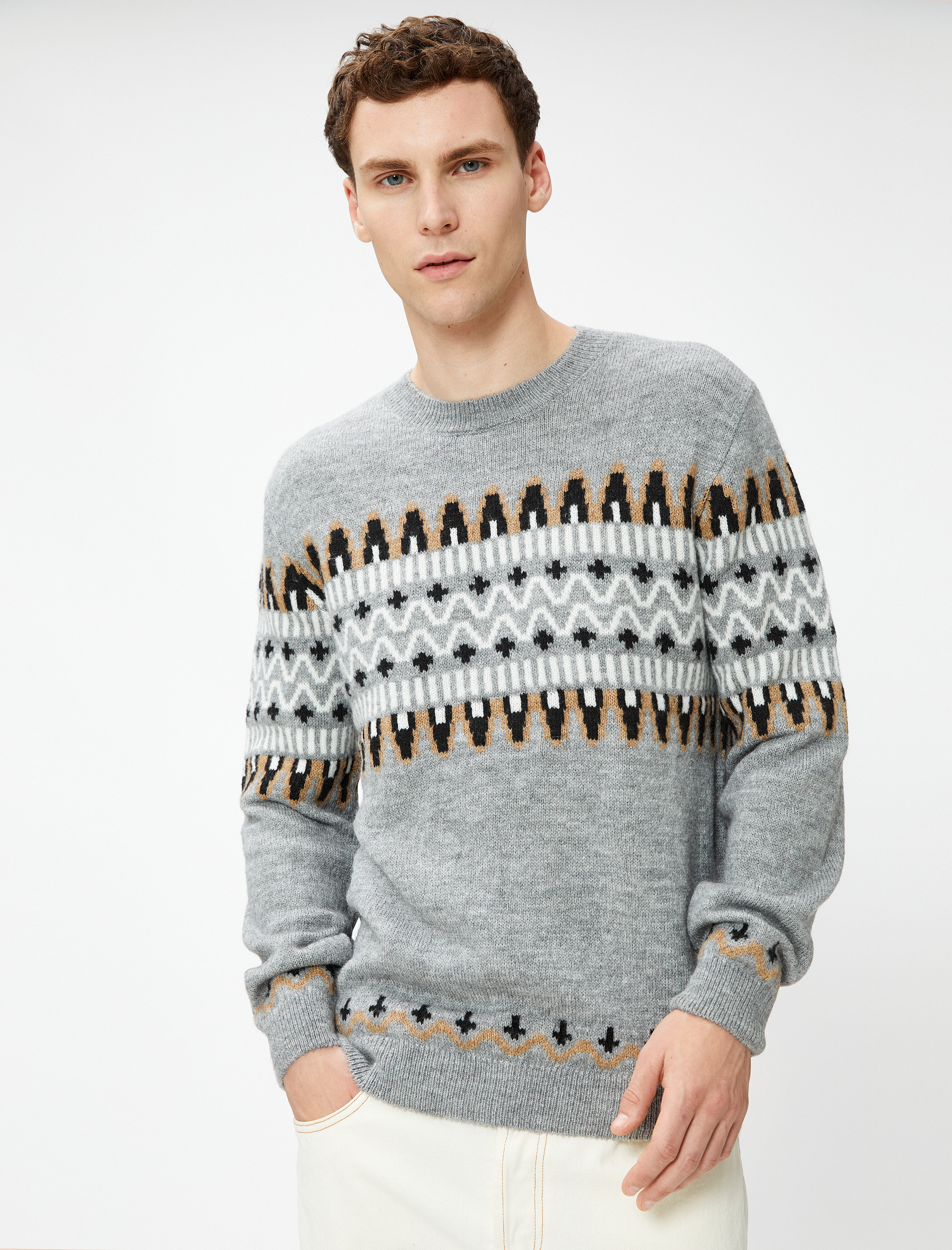   Etnik Desenli Triko Kazak Bisiklet Yaka Uzun Kollu