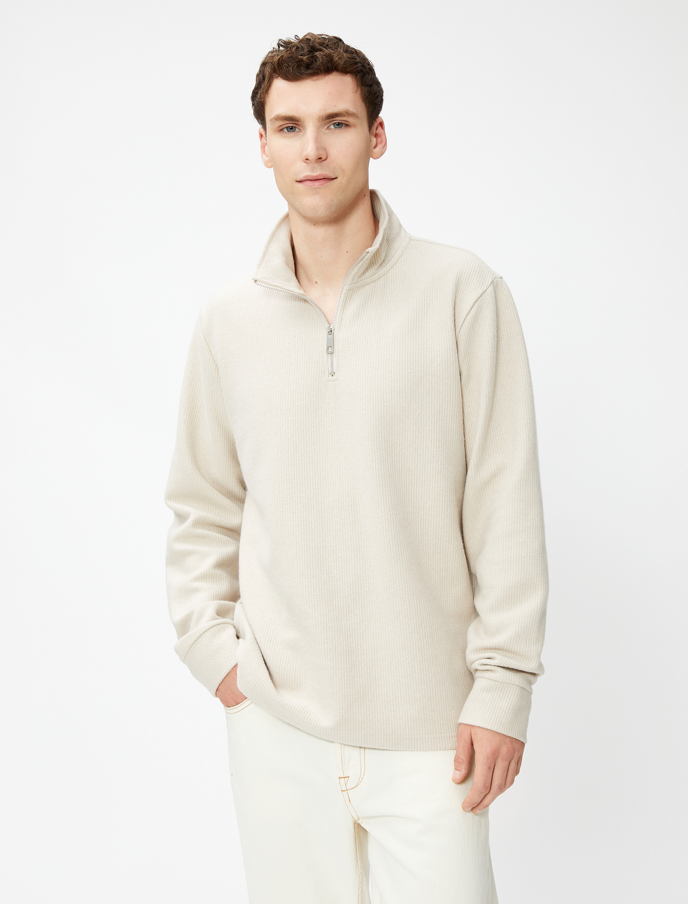   Yarım Fermuarlı Kazak Dik Yaka Dokulu Uzun Kollu