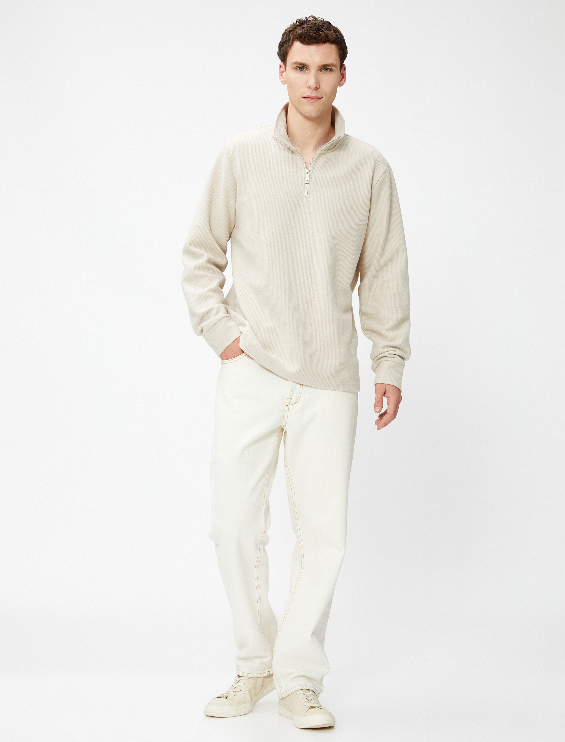   Yarım Fermuarlı Kazak Dik Yaka Dokulu Uzun Kollu