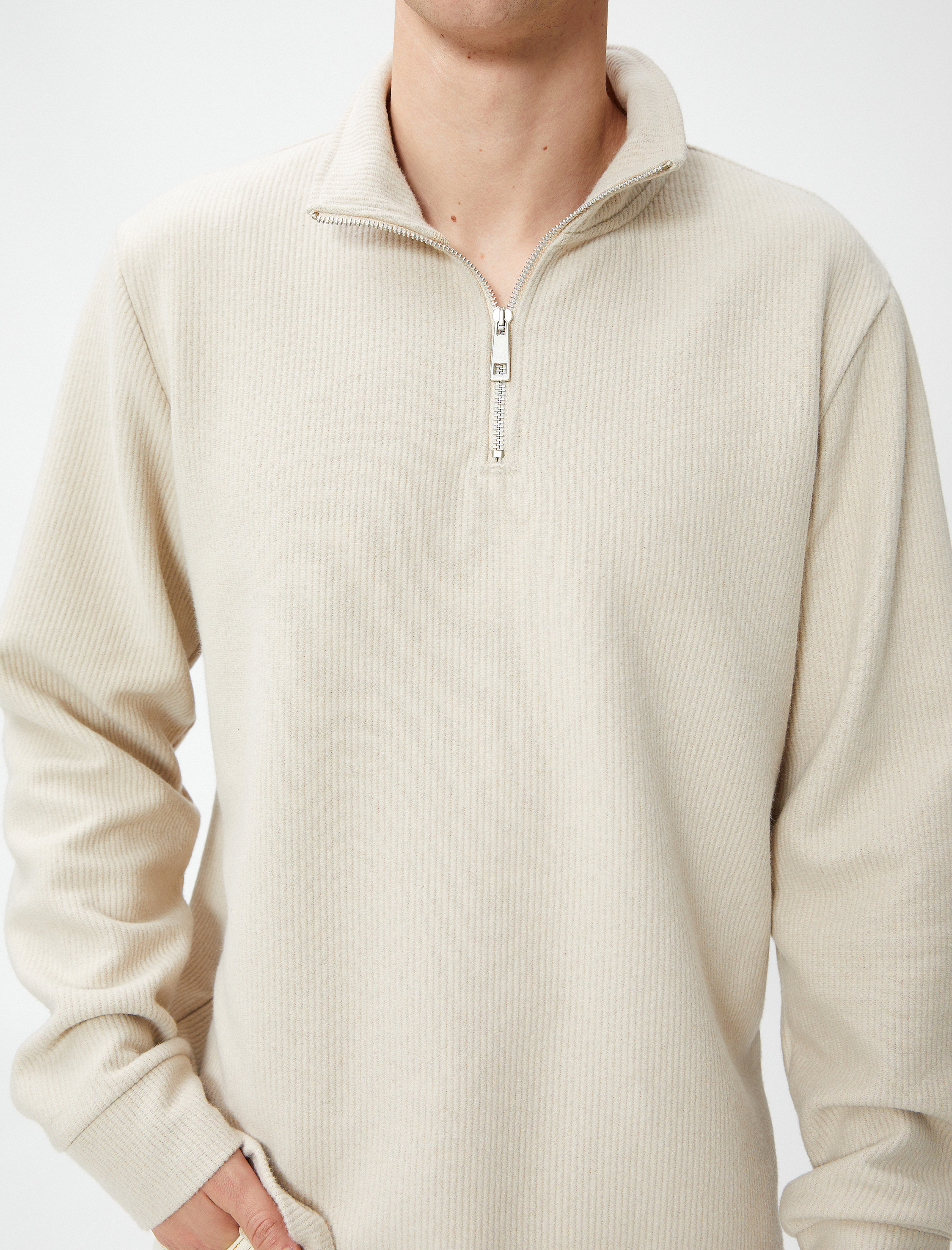   Yarım Fermuarlı Kazak Dik Yaka Dokulu Uzun Kollu