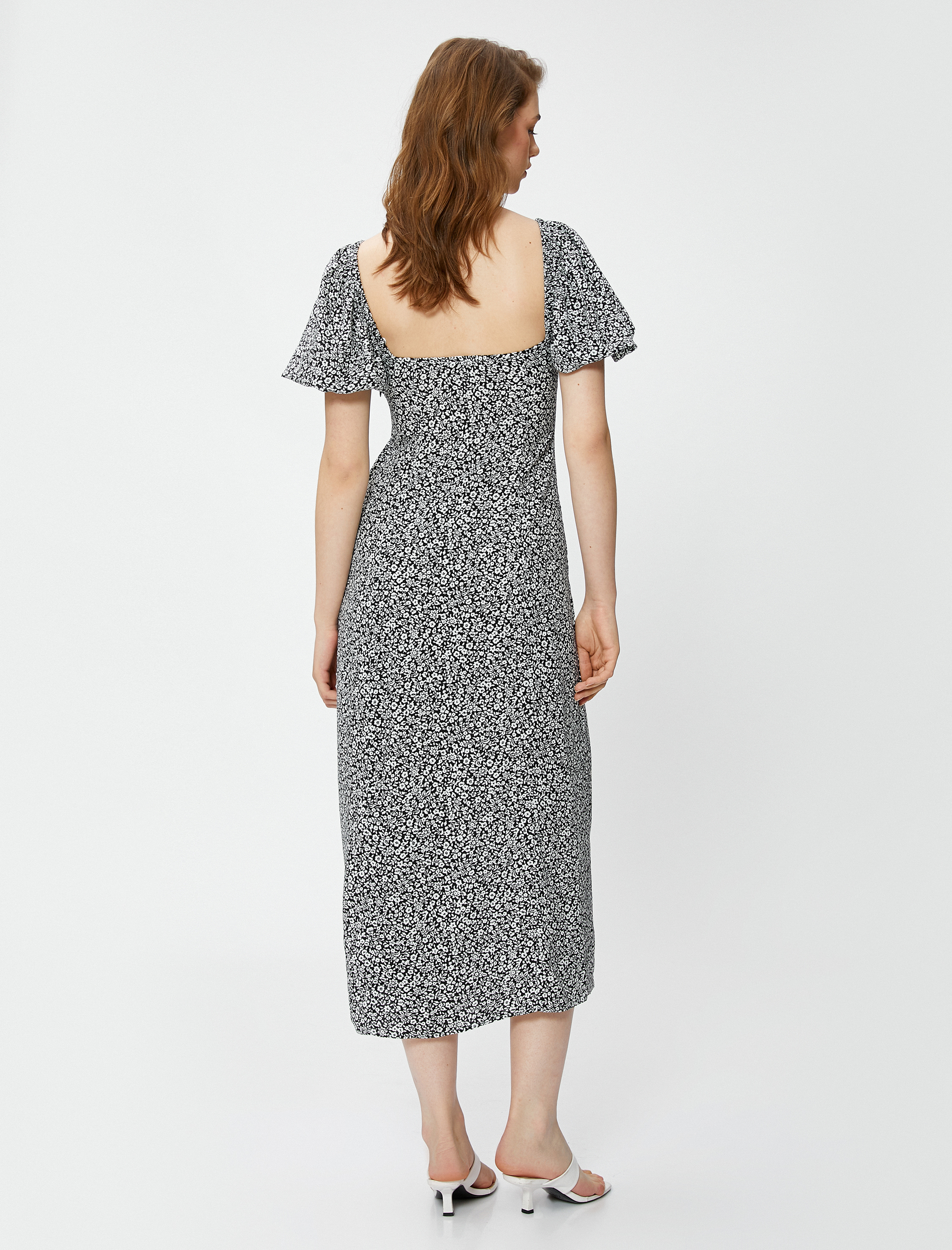   Midi Boy Viskon Elbise Pencere Detaylı Yırtmaçlı