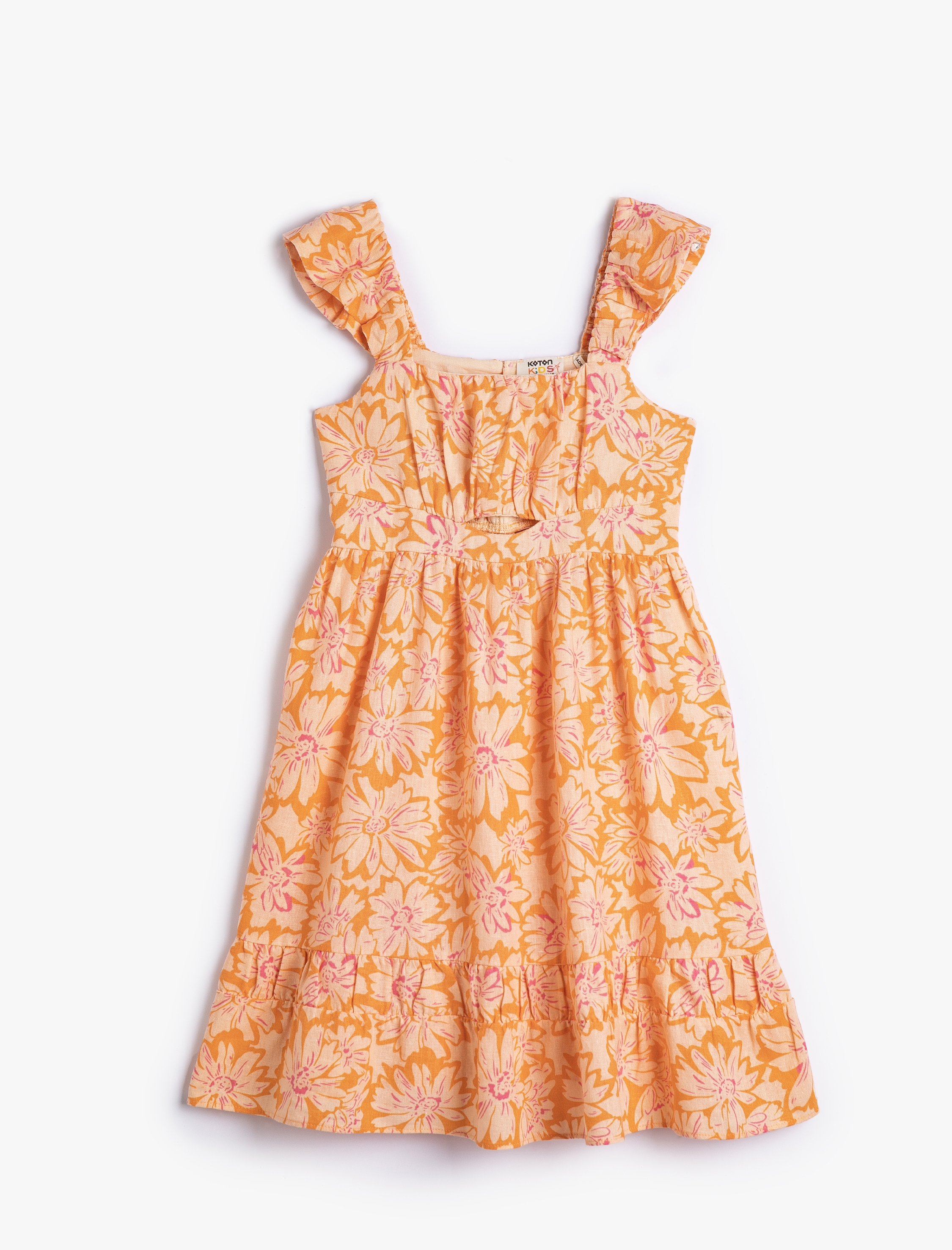  Kız Çocuk Keten Elbise Çiçekli Midi Boy Kolsuz Fırfırlı Pencere Detaylı