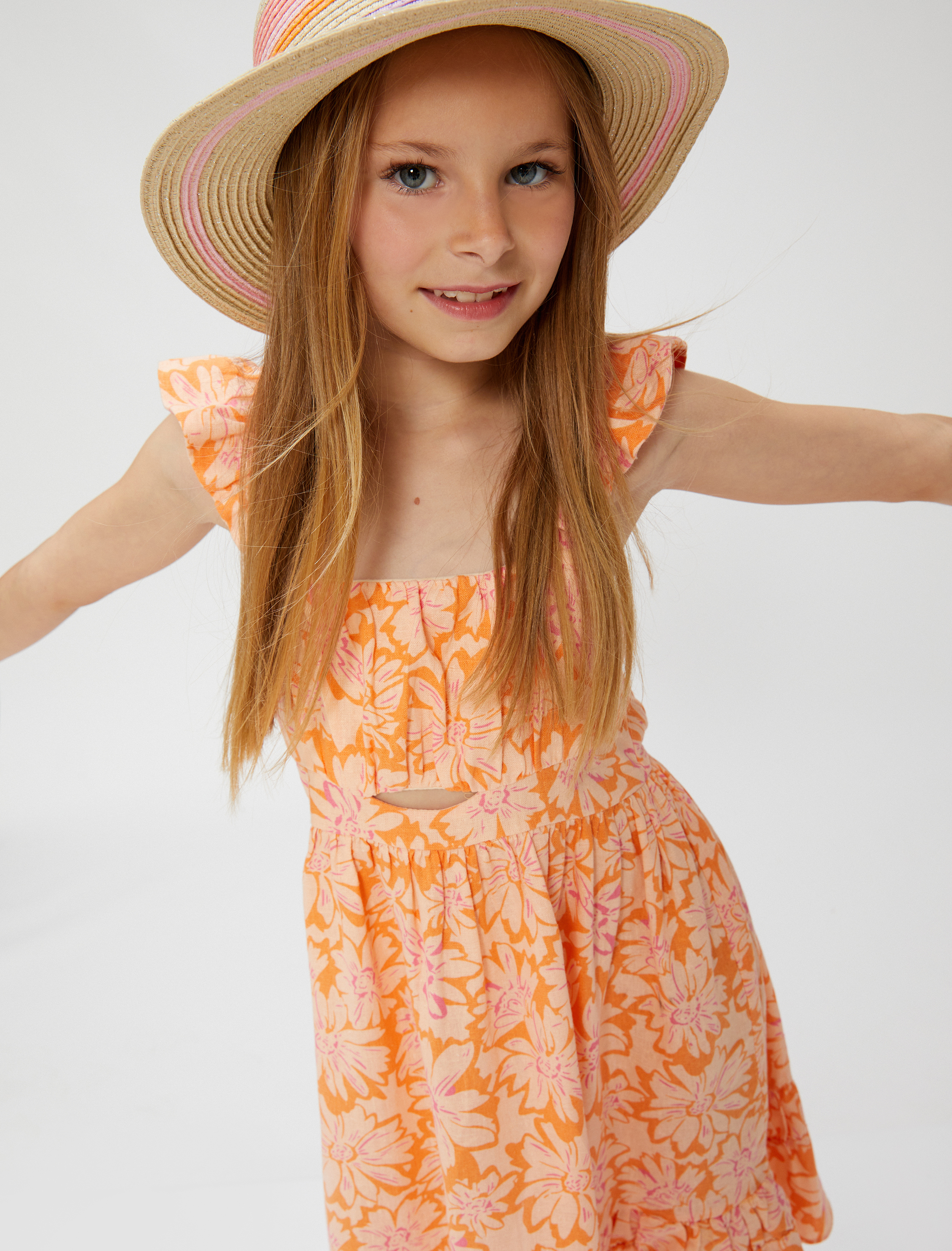  Kız Çocuk Keten Elbise Çiçekli Midi Boy Kolsuz Fırfırlı Pencere Detaylı