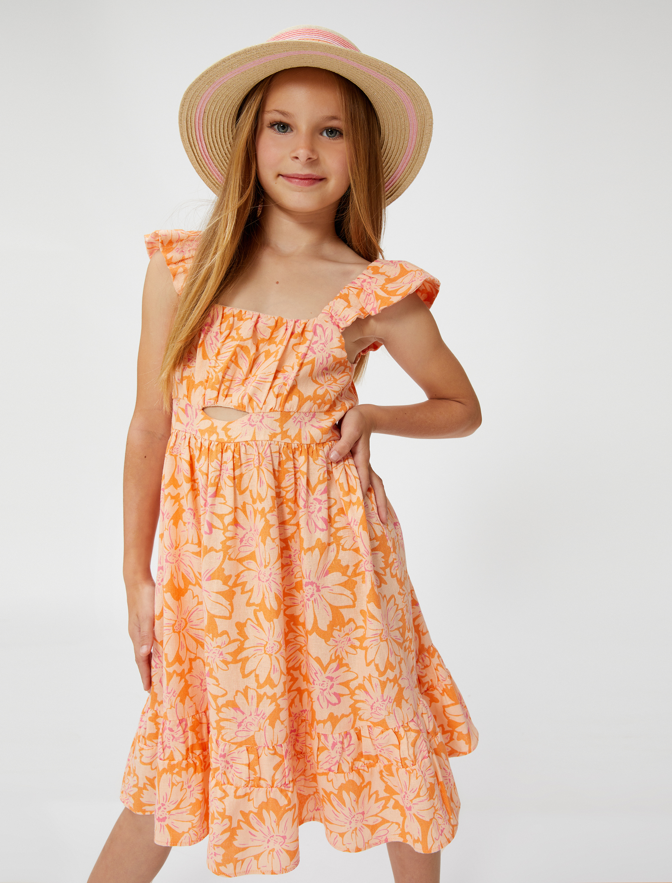  Kız Çocuk Keten Elbise Çiçekli Midi Boy Kolsuz Fırfırlı Pencere Detaylı