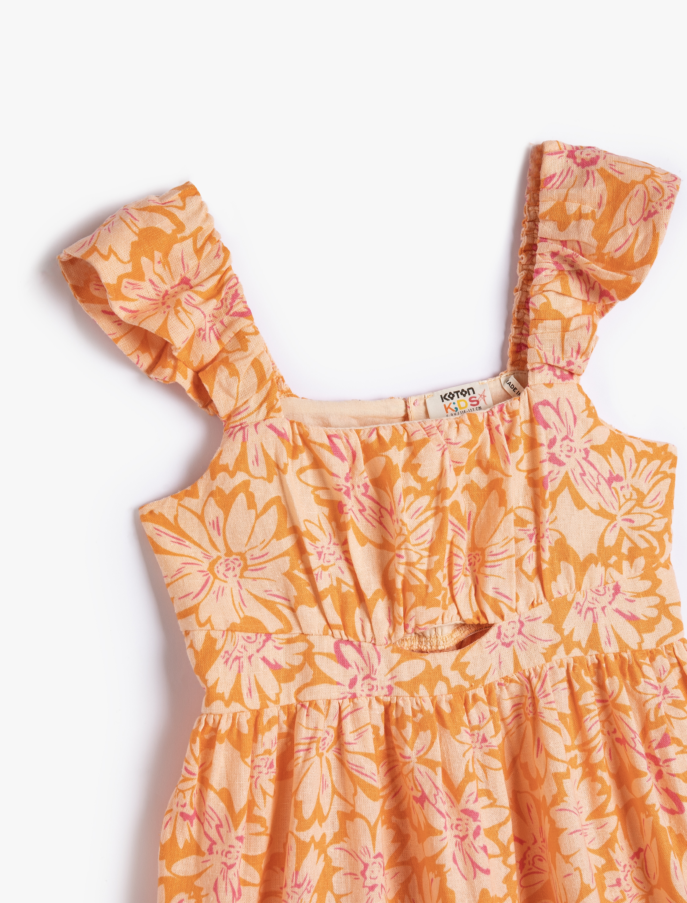  Kız Çocuk Keten Elbise Çiçekli Midi Boy Kolsuz Fırfırlı Pencere Detaylı