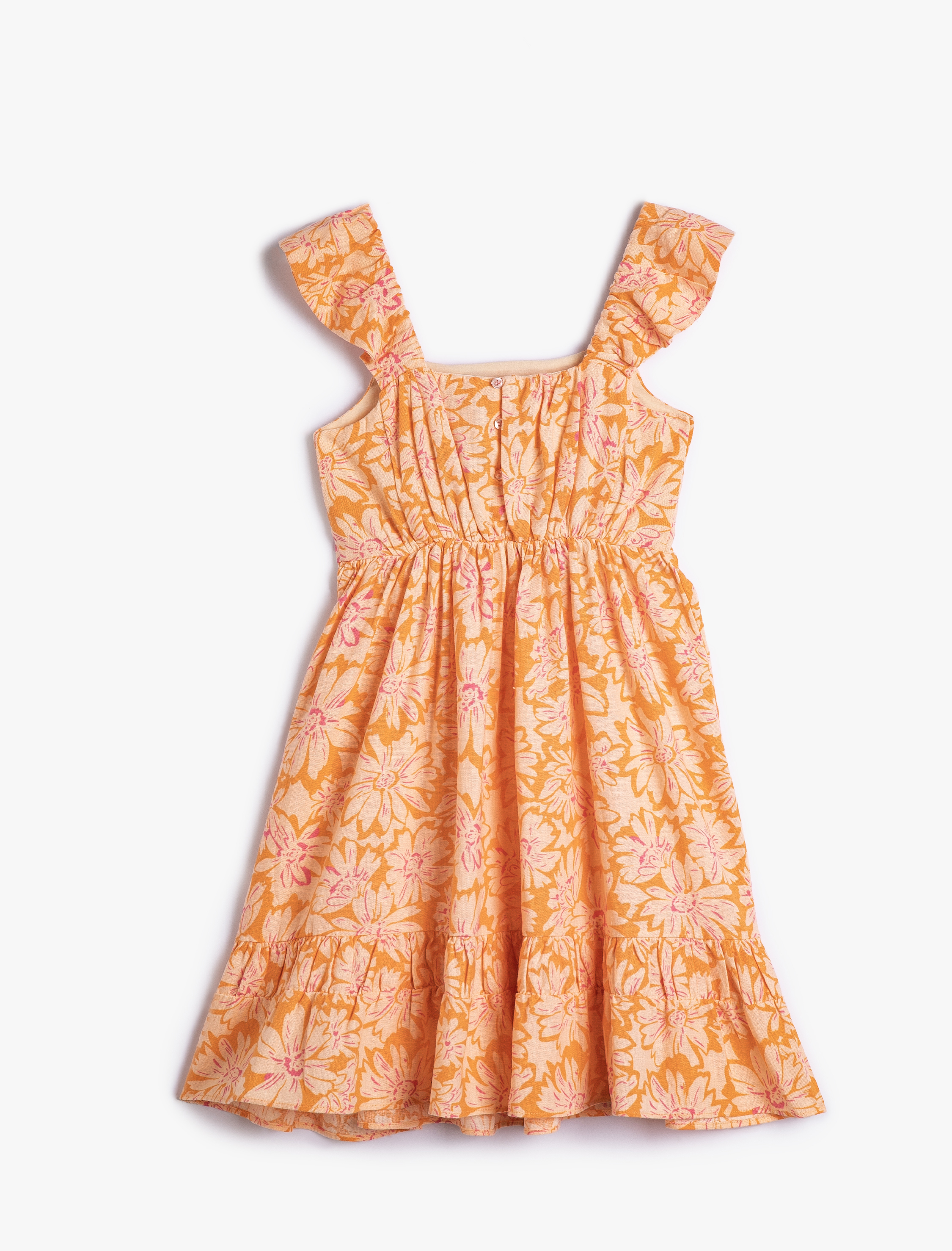  Kız Çocuk Keten Elbise Çiçekli Midi Boy Kolsuz Fırfırlı Pencere Detaylı