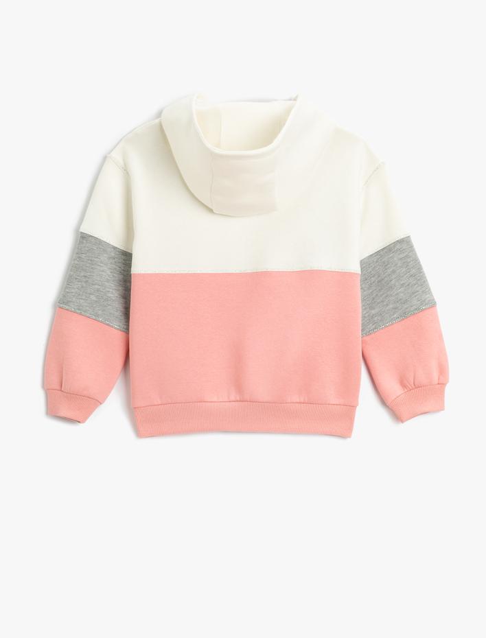 Kız Çocuk Fermuarlı Sweatshirt Kapüşonlu Renk Bloklu Baskı Detaylı Şardonlu