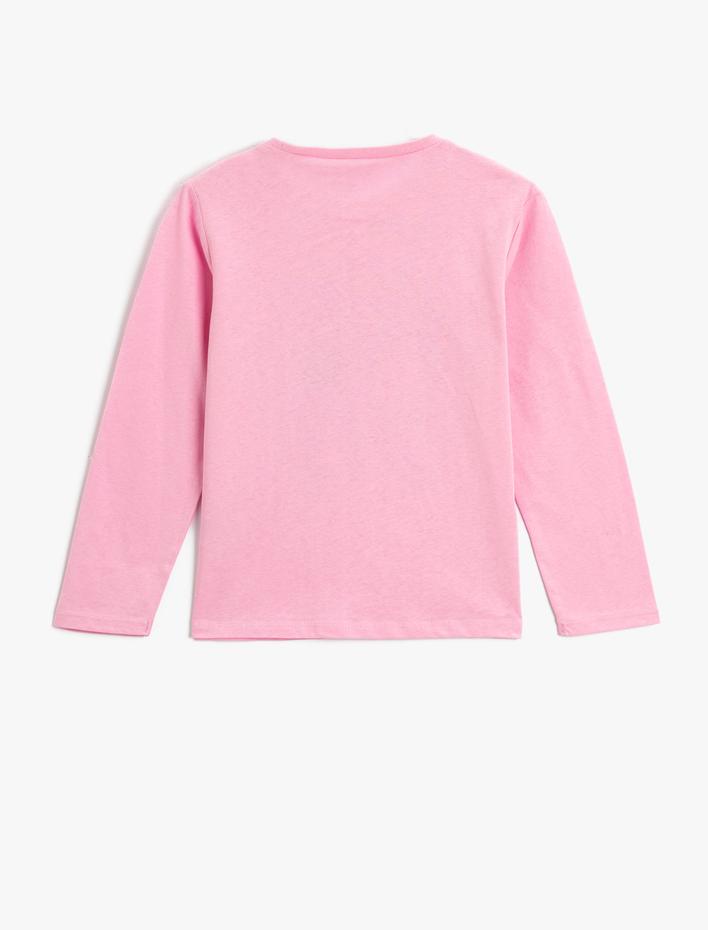 Kız Çocuk Uzun Kollu Tişört Bisiklet Yaka Kedi Baskılı Pamuklu