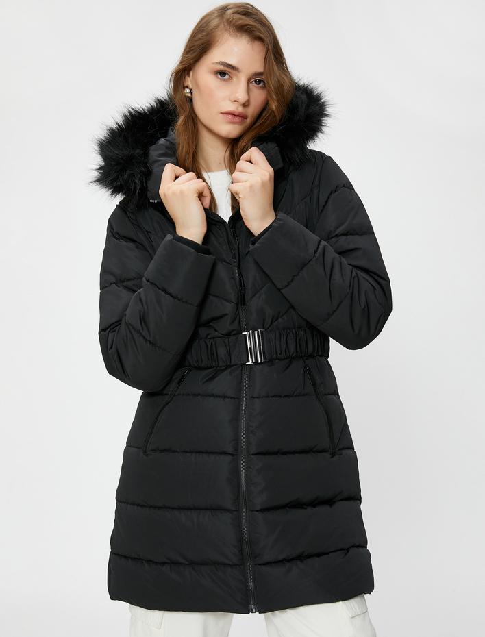  Uzun Şişme Mont Kemerli Kapüşonlu Peluş Detaylı