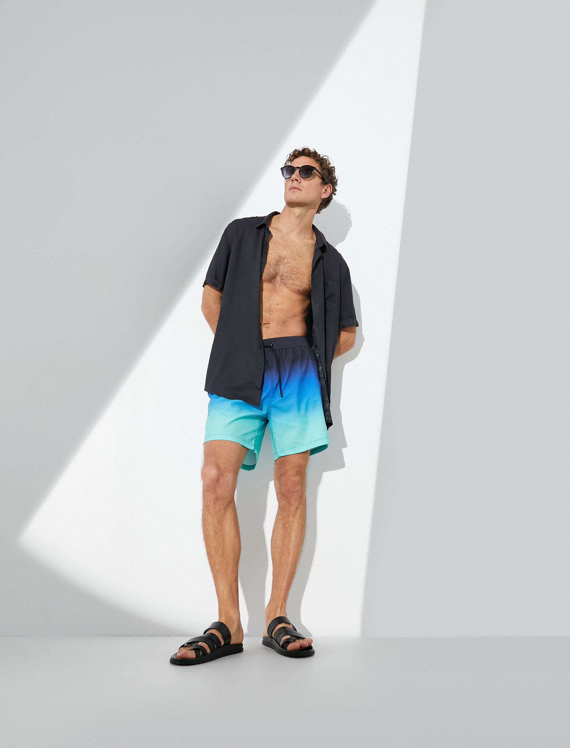   Deniz Şortu Beli Bağcıklı Renk Bloklu Cepli