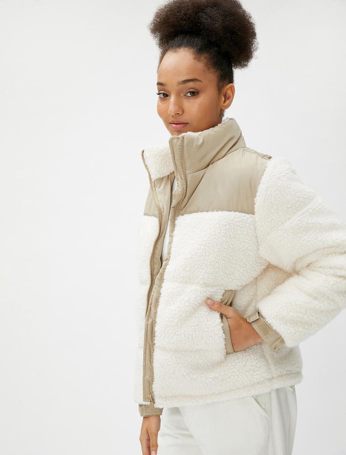  Peluş Mont Dik Yaka Cep Detaylı Fermuarlı