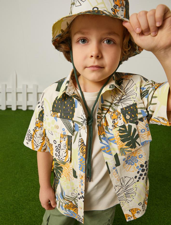 Erkek Çocuk Safari Gömlek Kısa Kollu Kapaklı Cepli Kaplan Baskılı Pamuklu