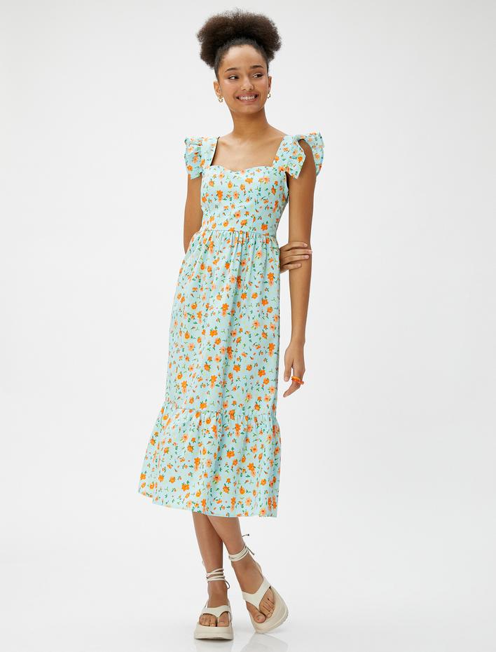  Çiçekli Elbise Midi Askılı Kolları Fırfırlı Volanlı Pamuklu