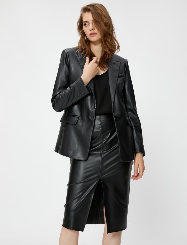  Suni Deri Midi Kalem Etek Yırtmaçlı