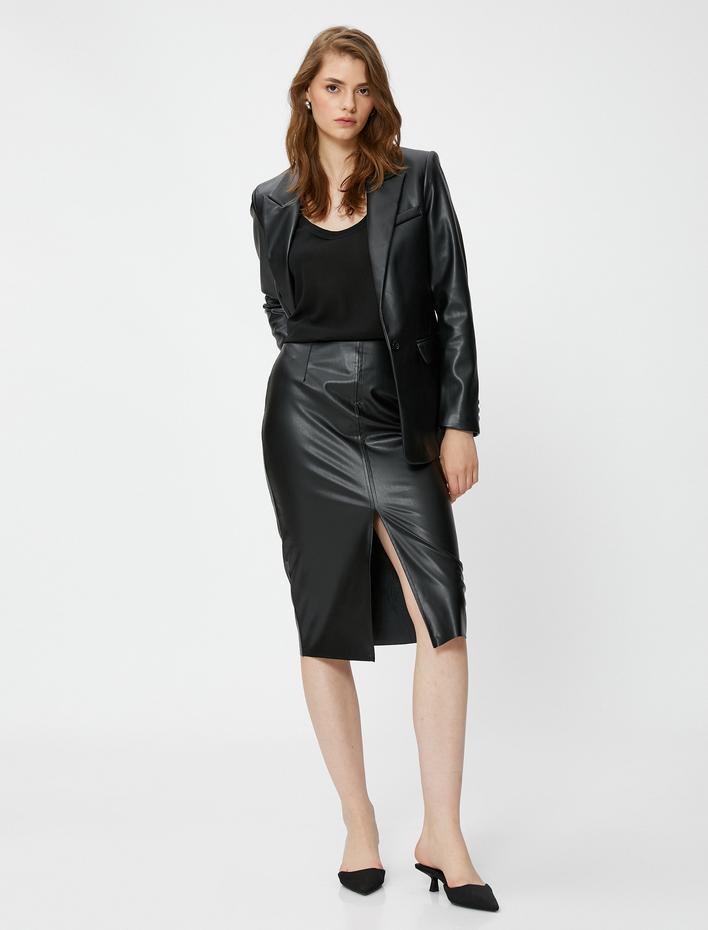  Suni Deri Midi Kalem Etek Yırtmaçlı