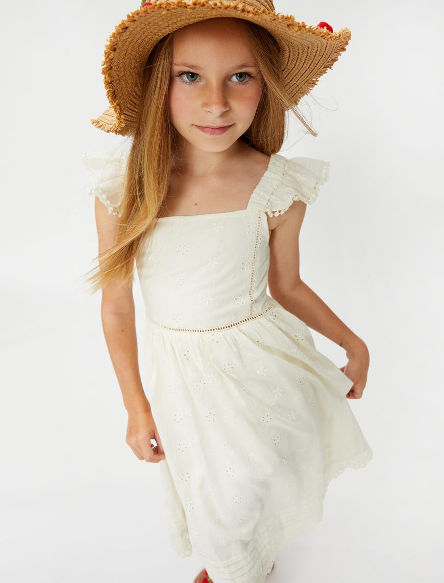  Kız Çocuk Elbise Fırfırlı Askılı Çiçek İşlemeli Astarlı