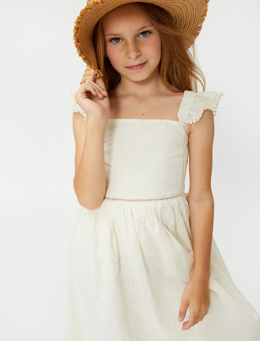  Kız Çocuk Elbise Fırfırlı Askılı Çiçek İşlemeli Astarlı