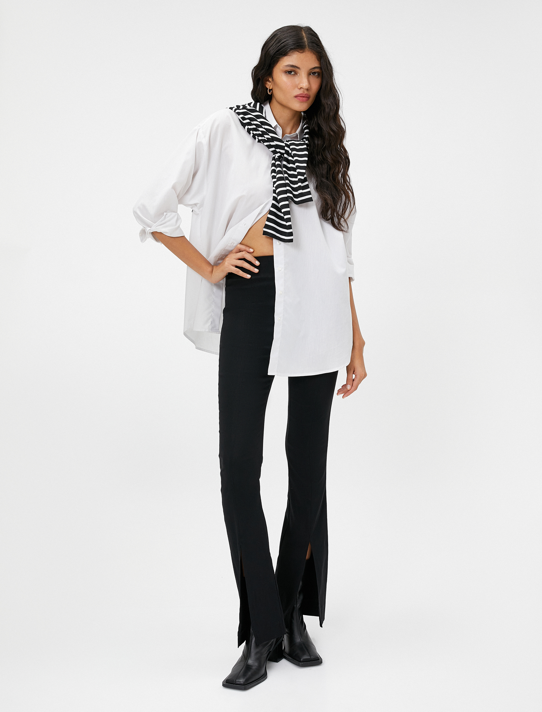   İspanyol Paça Tayt Pantolon Yırtmaçlı Yüksek Bel